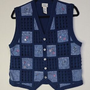 Koret City Blues Denim Vest With patwork Plaid And Floral Embroidery Size Medium